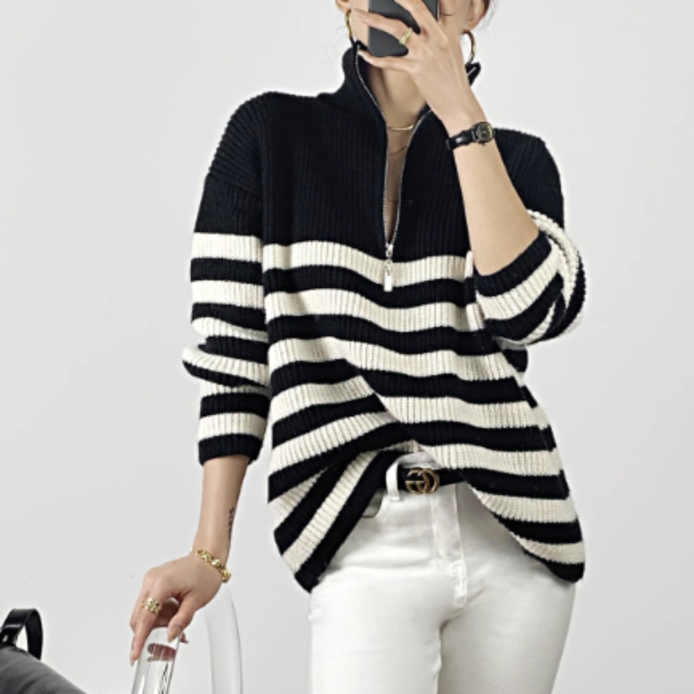 Black and White Cowl Neck Sweater with Cozy Knit Design